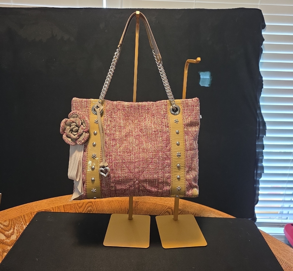 Brighton Pink Woven Shoulder Tote with Tan Studded Trim